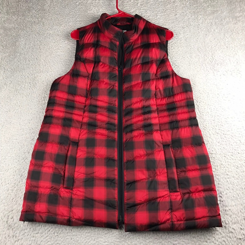 J Jill Down Filled Puffer Vest Womens M Red Buffalo Plaid Quilted Zip Up